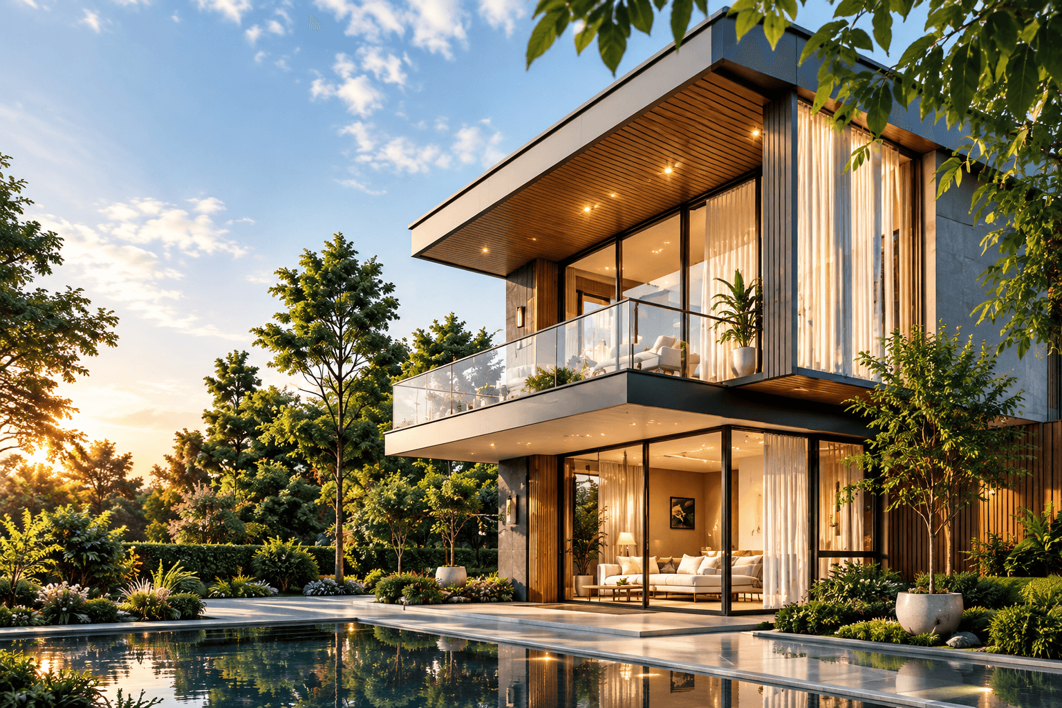 Modern sustainable villa with glass balconies surrounded by greenery