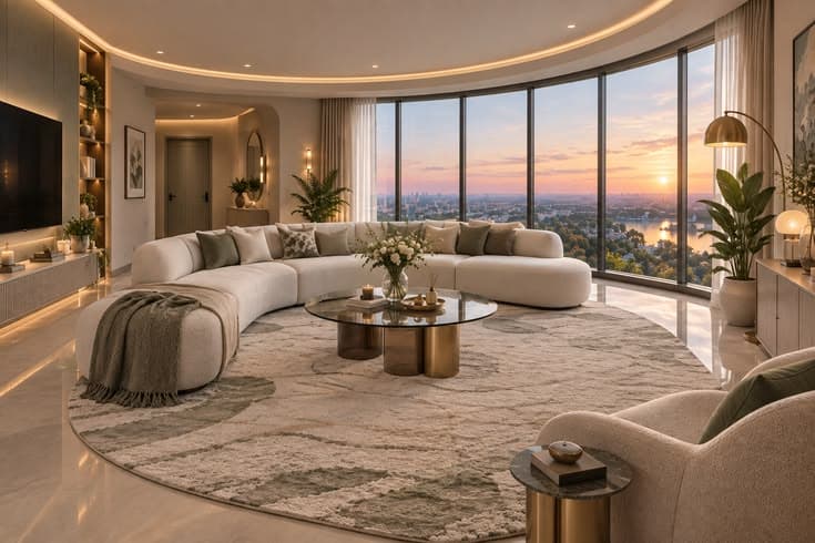 Bright living room with sofa and indoor plants