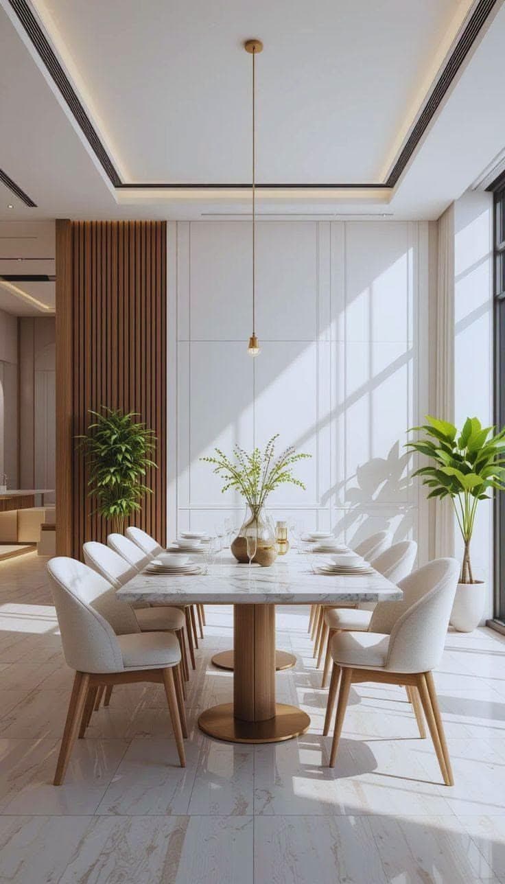 Dining area with large windows and indoor plants