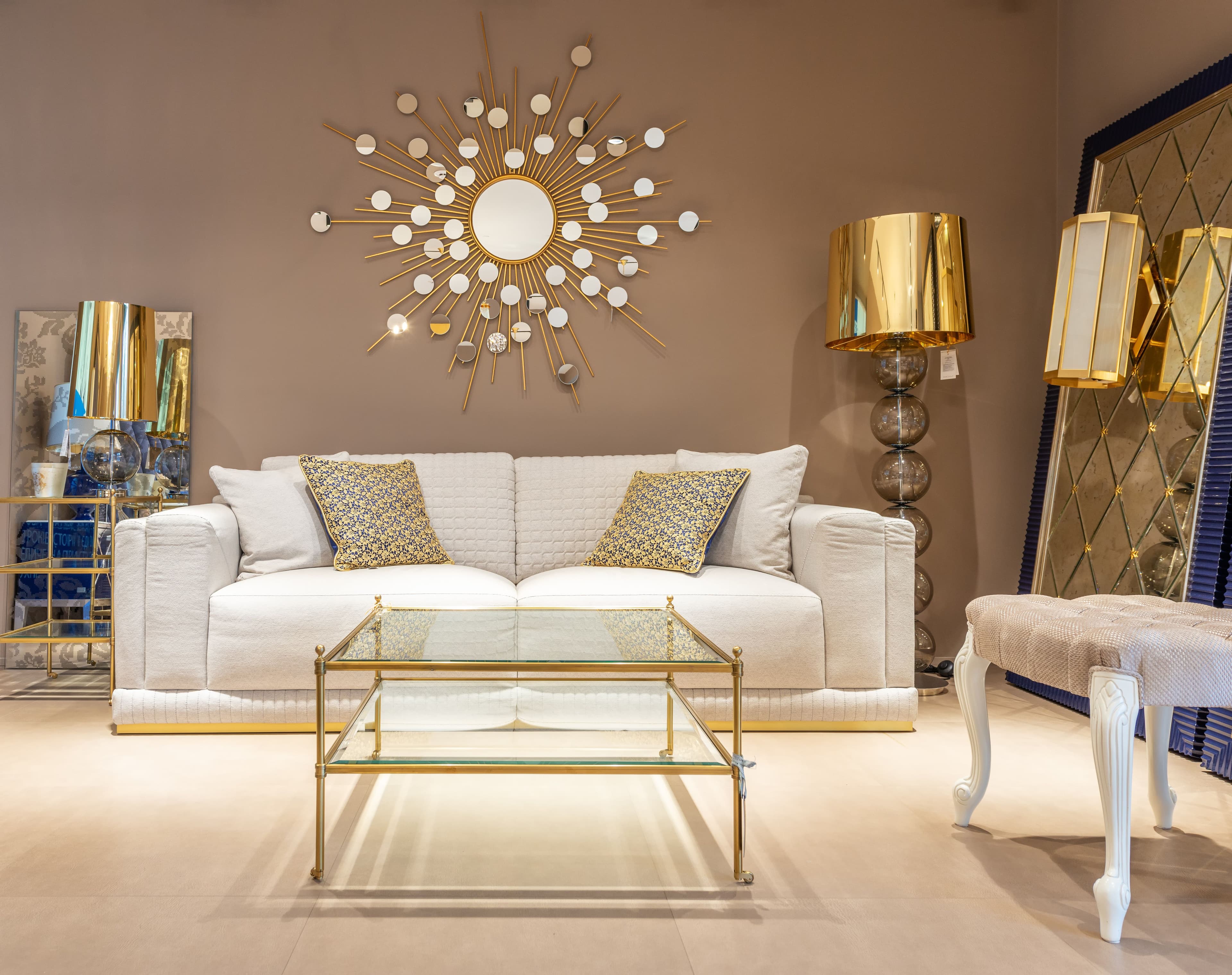 Spacious living room with cream sofa and natural light